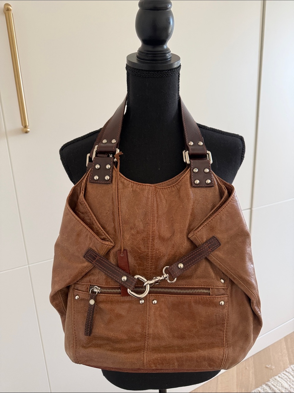 Tano Brown Leather Shoulder Bag with Dark Brown Straps